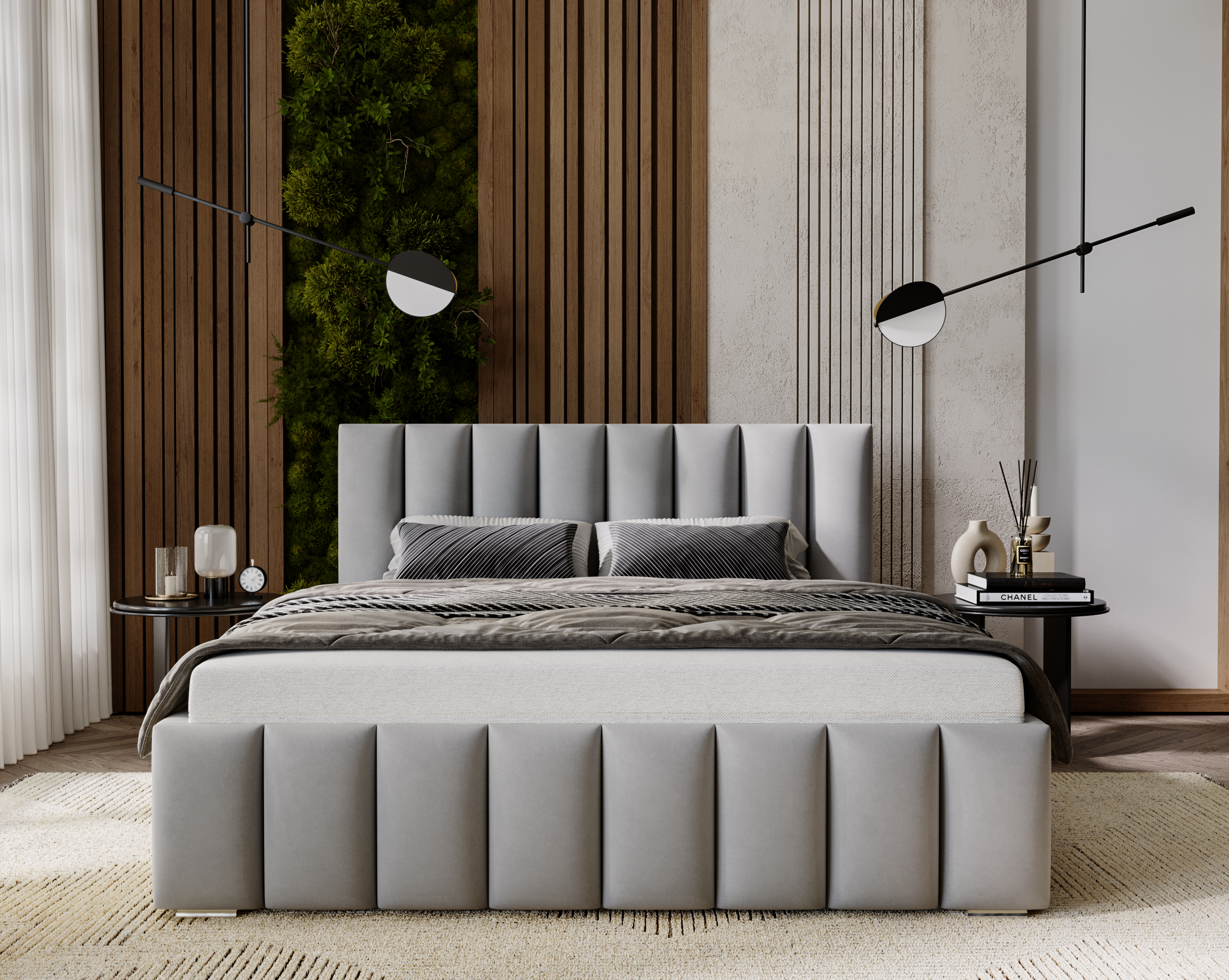 Furmeb24 NERO Polsterbett aus Holzrahmen , Doppelbett mit höher Kopstütze