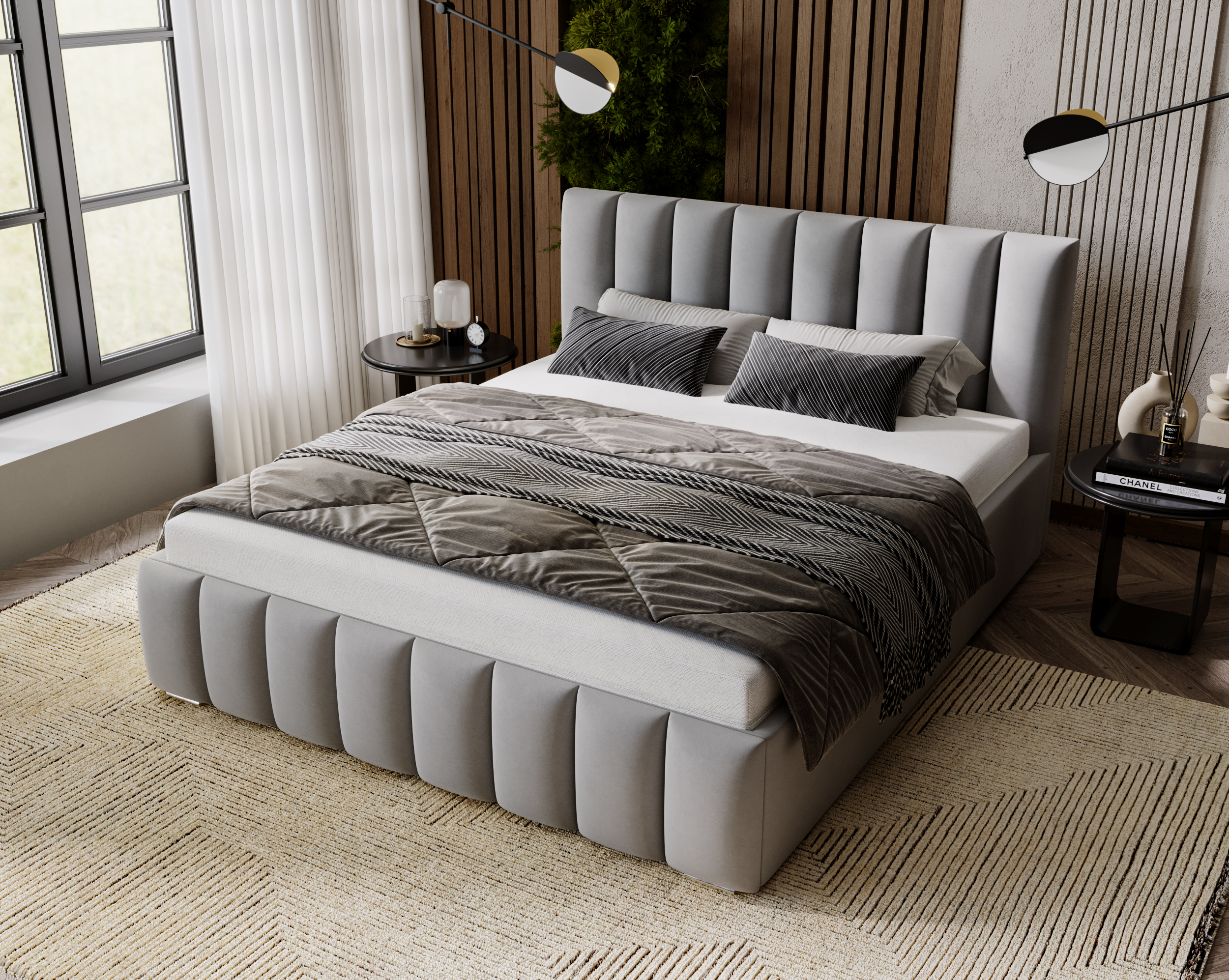 Furmeb24 NERO Polsterbett aus Holzrahmen , Doppelbett mit höher Kopstütze – Bild 3