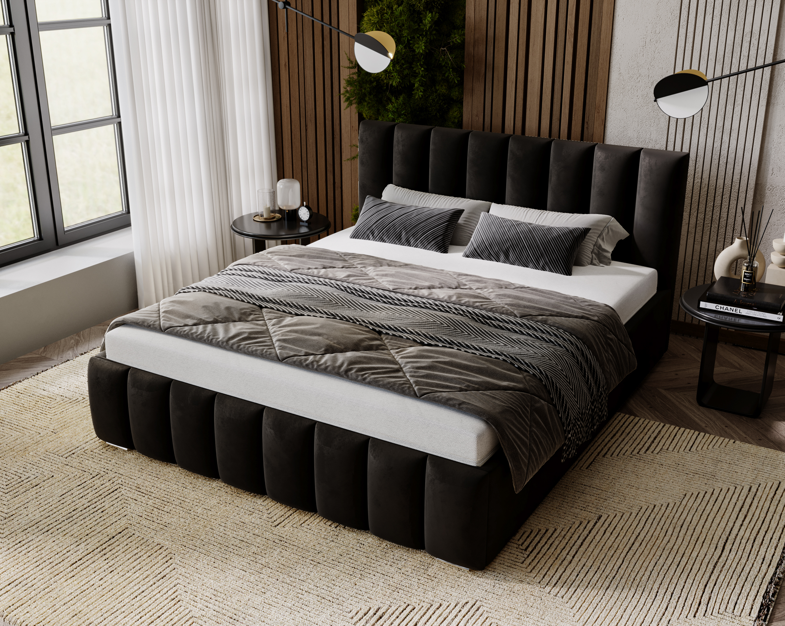 Furmeb24 NERO Polsterbett aus Holzrahmen , Doppelbett mit höher Kopstütze – Bild 9