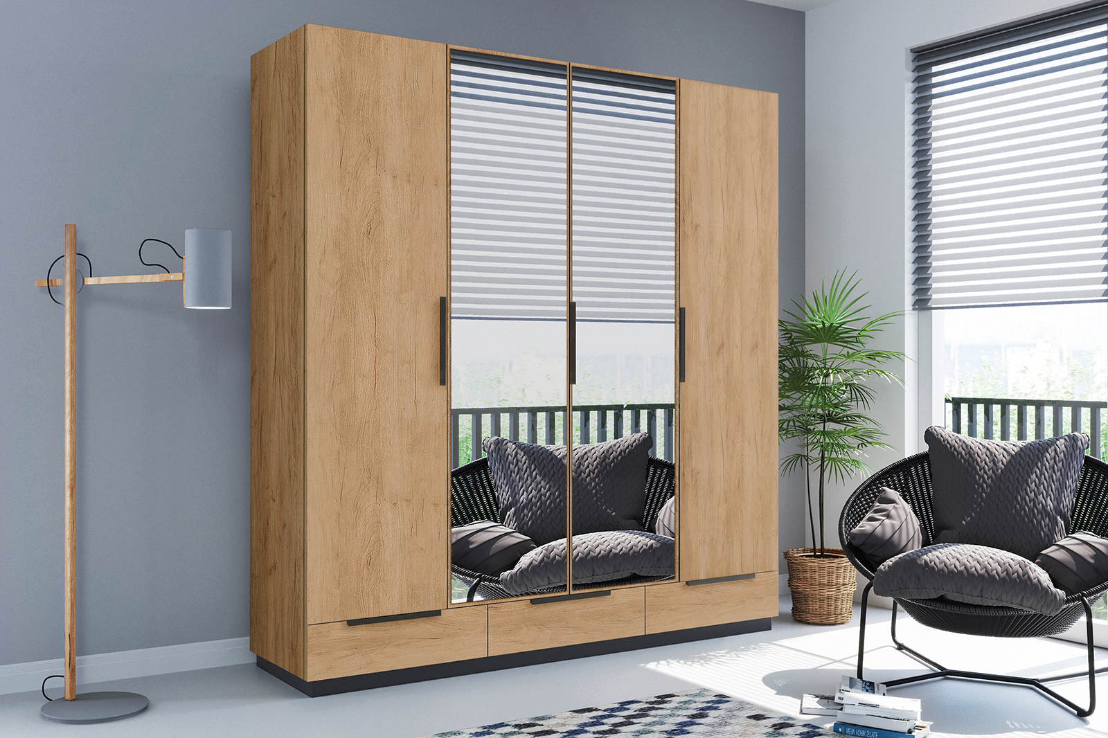 FurMeb24 kippbarer Kleiderschrank C3a 203×215×61 cm – Sonoma Eiche/ Eiche Craft Gold/ Eiche Artisan - mit Spiegel – Bild 3