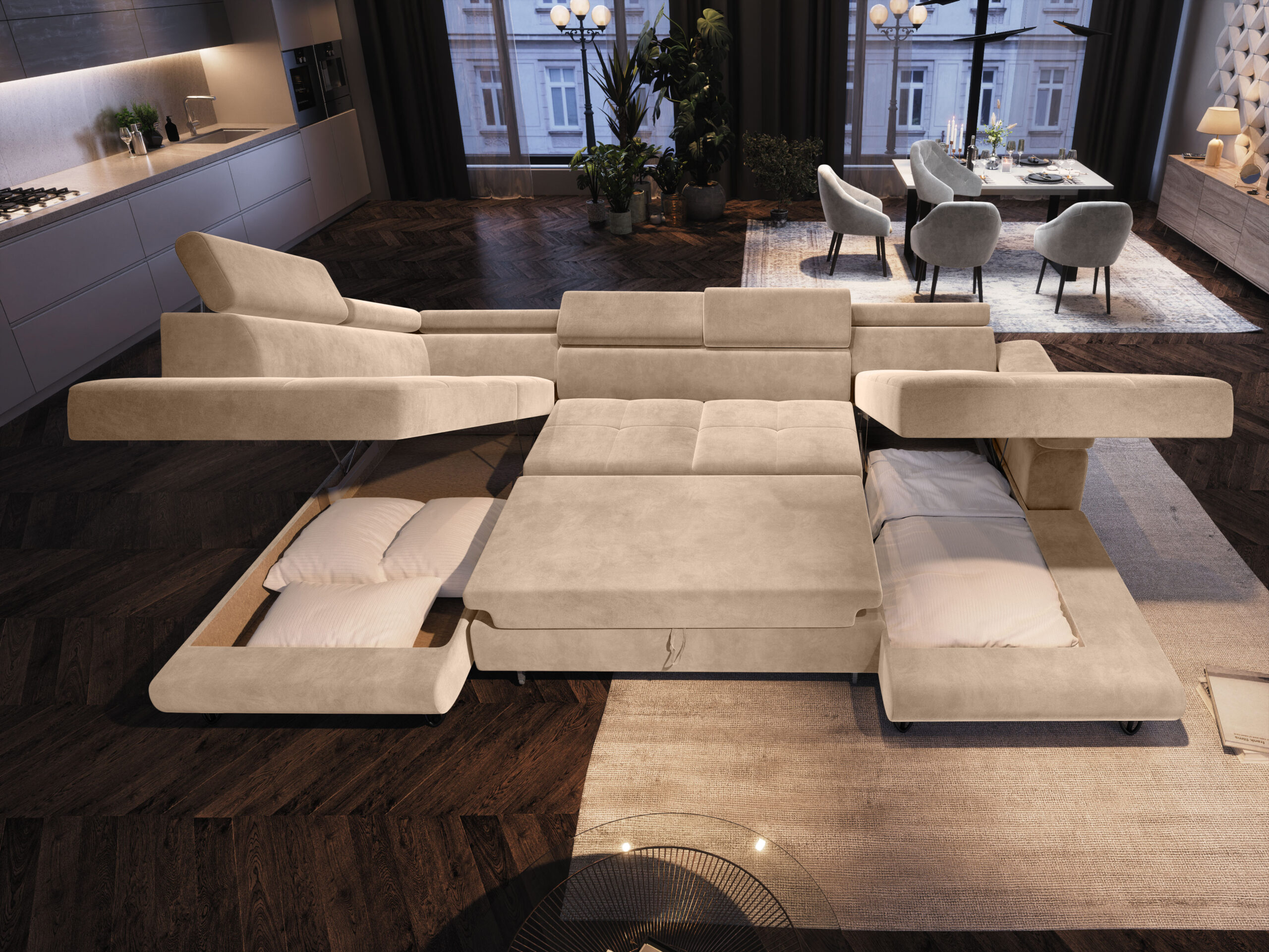 FurMeb24 ECKSOFA CAPRI U-form mit schlaffunktion und bettkasten 320 x 183 cm – Bild 29