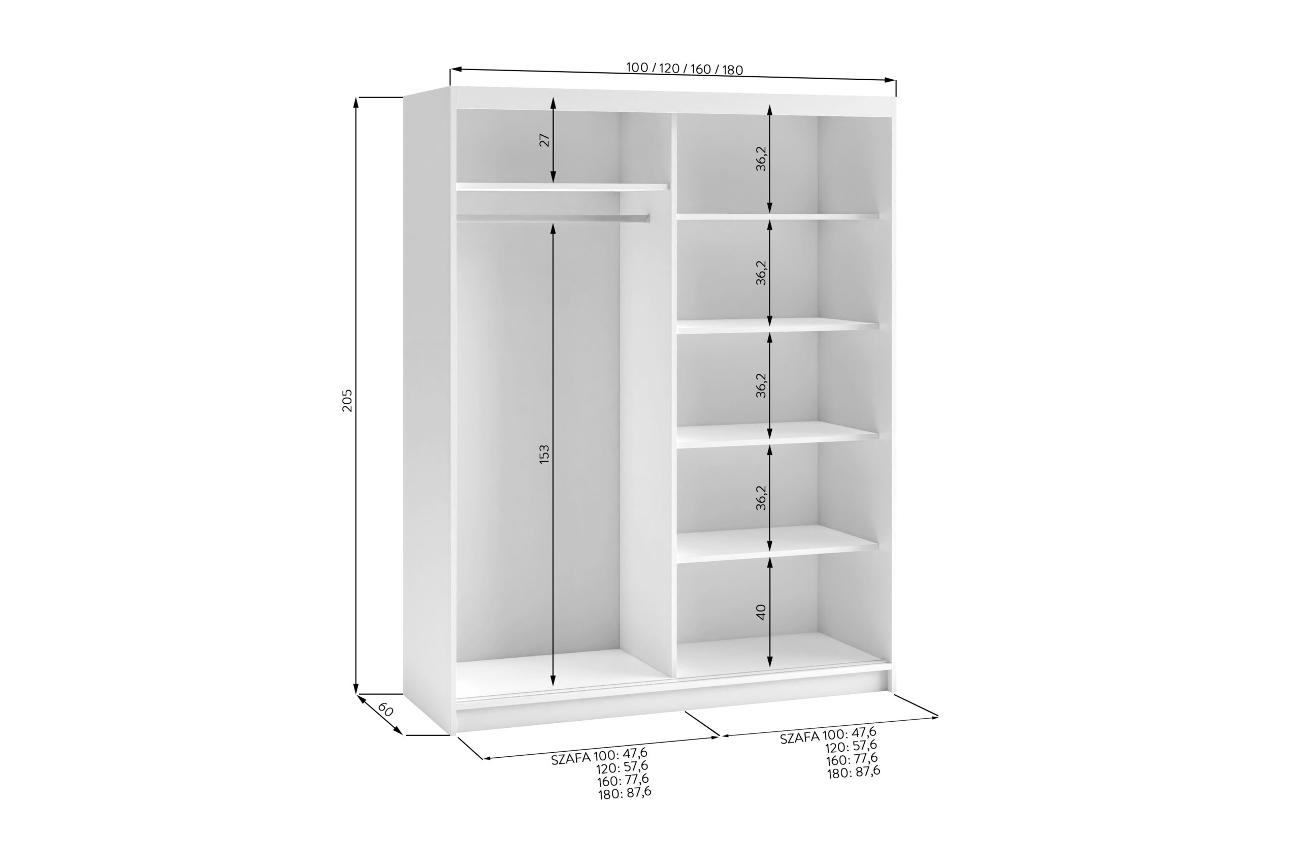 FurMeb24 2-türiger Schiebeschrank HEVEN 100/120/160/180 x 205 x 60 cm – Bild 3
