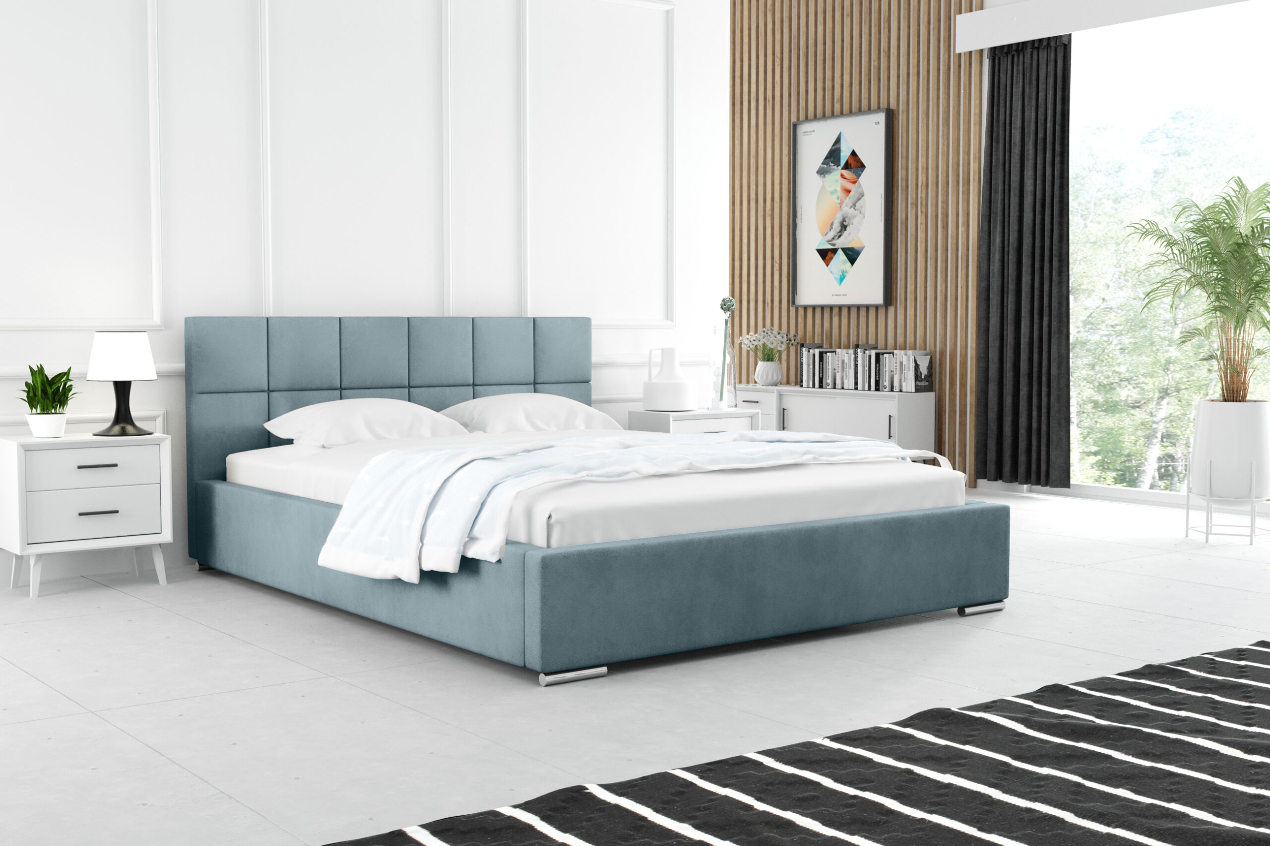 FurMeb24 Carlo - Polsterbett mit Bettkasten und Holzrahmen - Doppelbett mit höher Kopstütze - Ohne Matraze