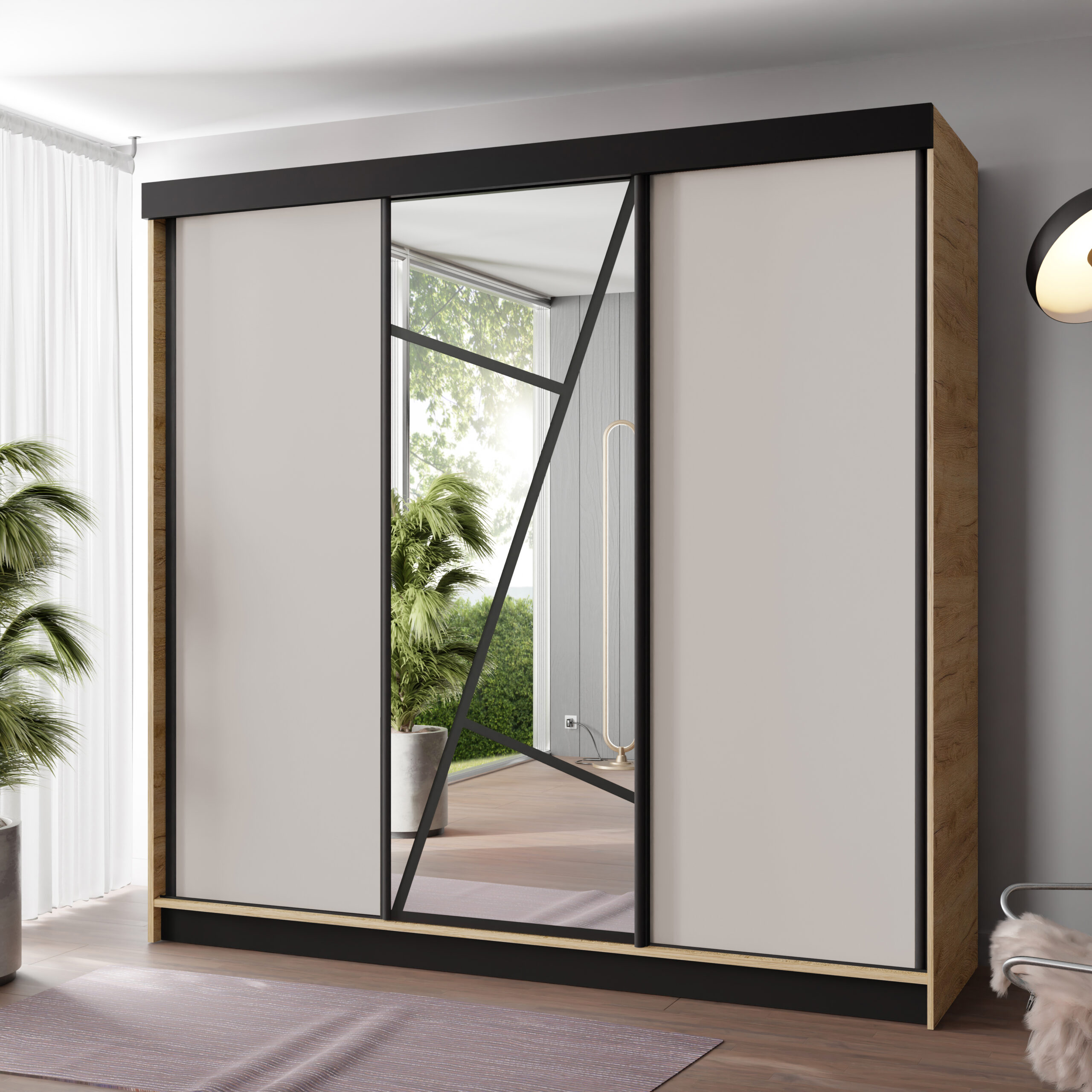 FurMeb24 Schiebetürenschrank LOE 138/167/200/250x205x59 cm Kleiderschrank mit Spiegel – Bild 3